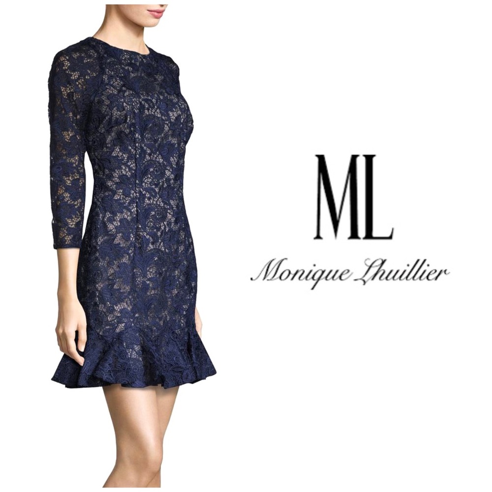 Monique Lhuillier Lace Overlay Peplum Hem Dress - Picture 2 of 10